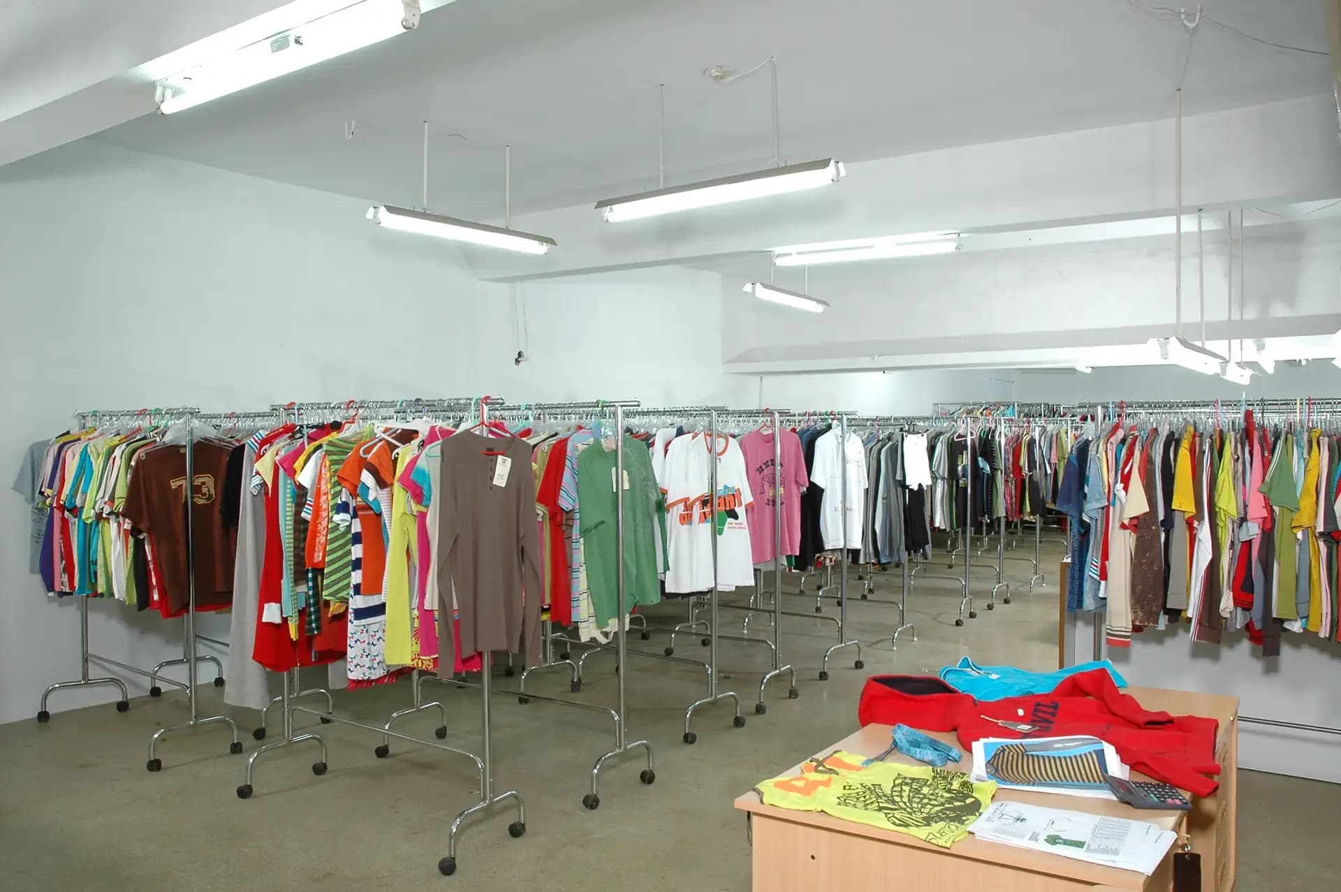 Finished garments on the sampling floor