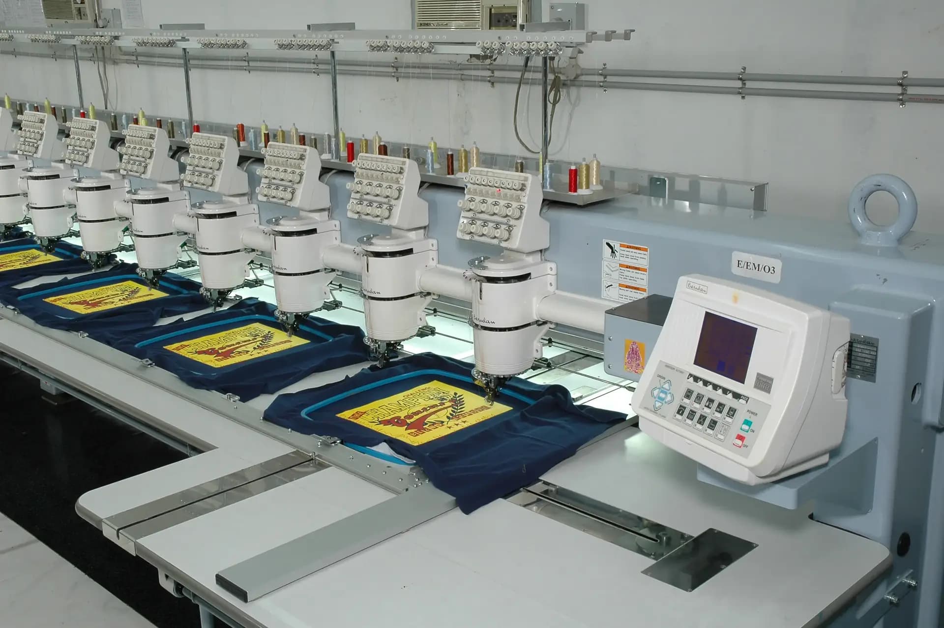 Embroidery machines in operation